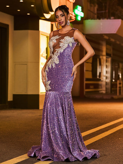 Illusion Neck Diamond Glitter Sequin Mermaid Dress Tahiti
