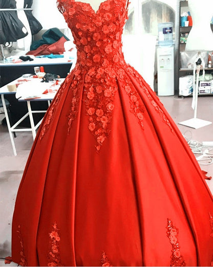 Red Satin V-neck Wedding Dress Ball Gowns With 3D Lace Flowers