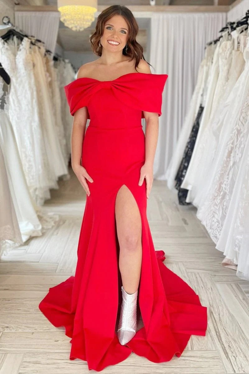 Red Off the Shoulder Bow Mermaid Satin Long Prom Dress with Slit