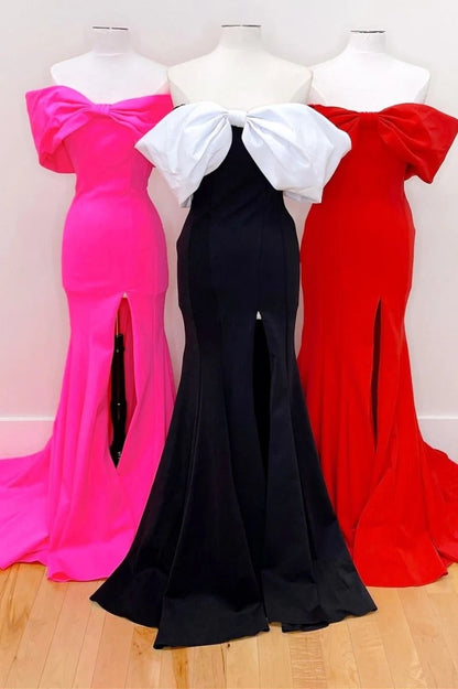 Red Off the Shoulder Bow Mermaid Satin Long Prom Dress with Slit
