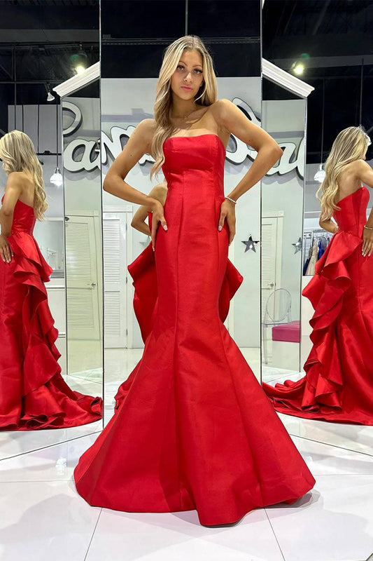 Red Satin Sweetheart Mermaid Long Prom Dress with Ruffles