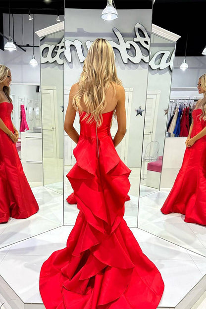 Red Satin Sweetheart Mermaid Long Prom Dress with Ruffles