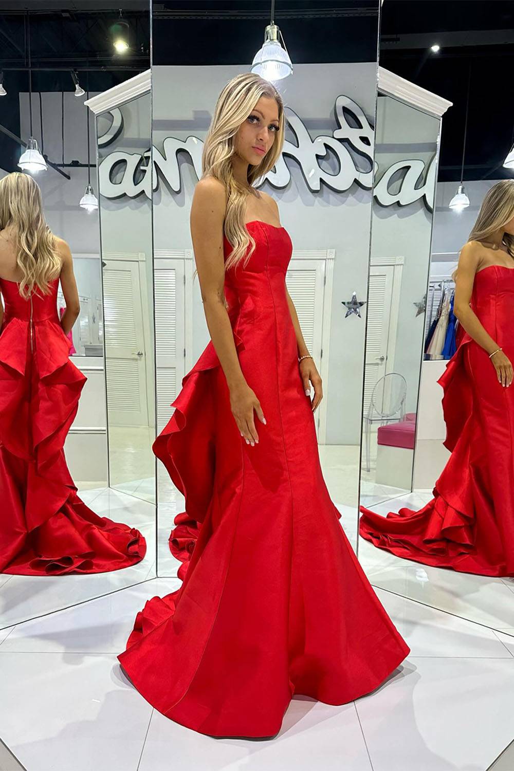 Red Satin Sweetheart Mermaid Long Prom Dress with Ruffles
