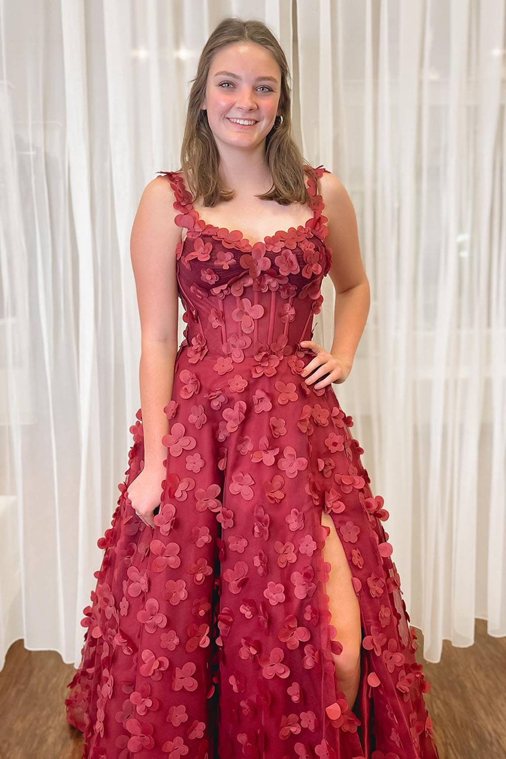 Red Spaghetti Straps A-Line Long Prom Dress with Appliques