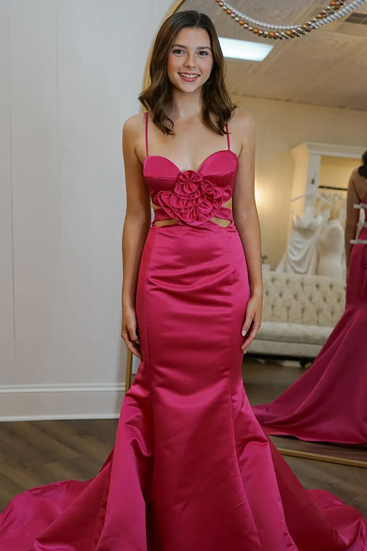 Red Spaghetti Straps Cut Out Mermaid Satin Long Prom Dress