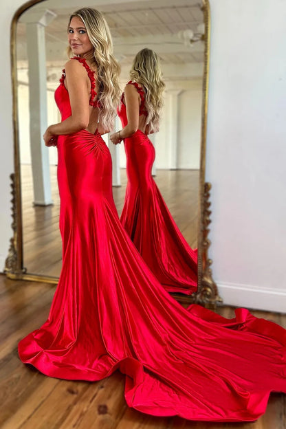 Red Spaghetti Straps Mermaid Satin Long Prom Dress with Slit