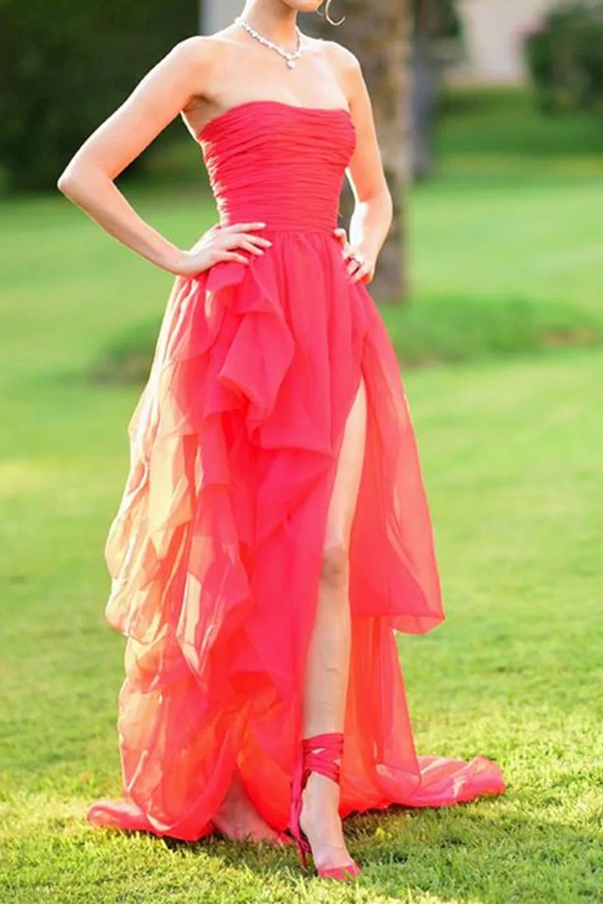Red Tulle High Low Strapless Long Prom Dresses with Train