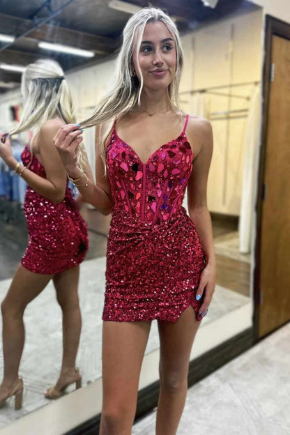 Cut Glass Mirror Sequined Bodycon Homecoming Dress with Slit