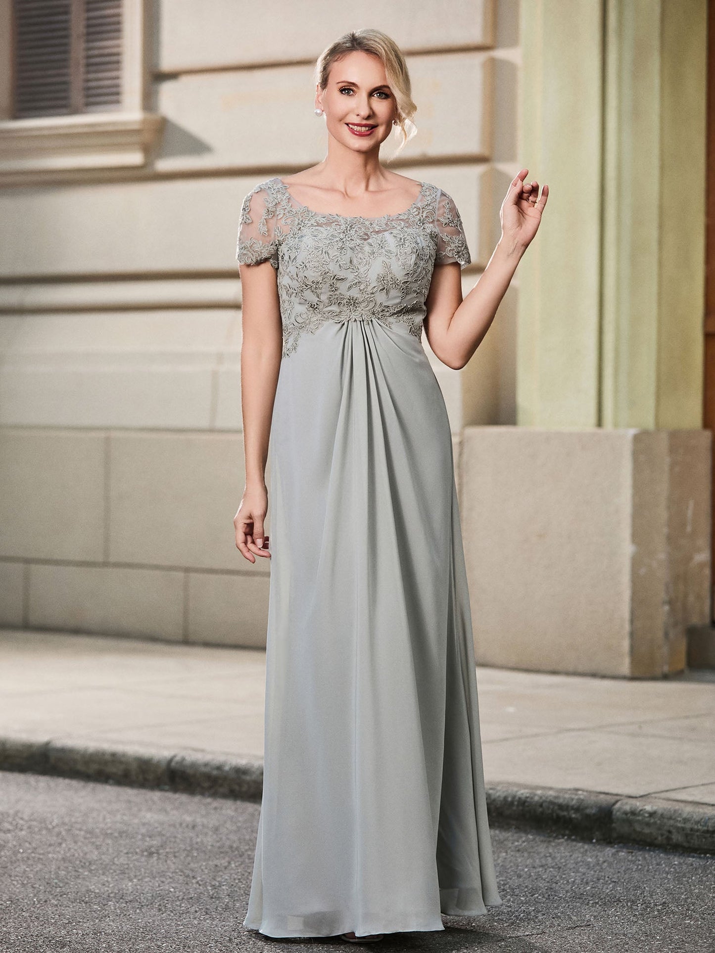 Lace Short Sleeve Empire Floor-length Maxi Dress Silver