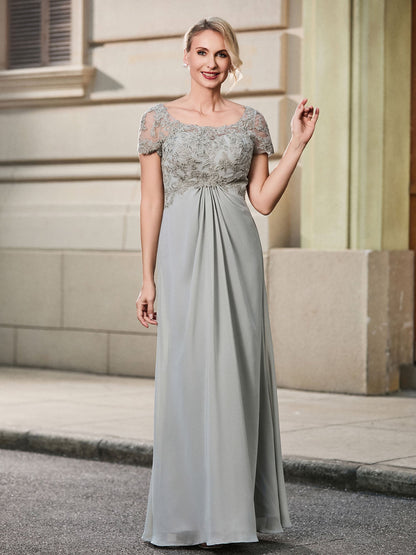 Lace Short Sleeve Empire Floor-length Maxi Dress Silver