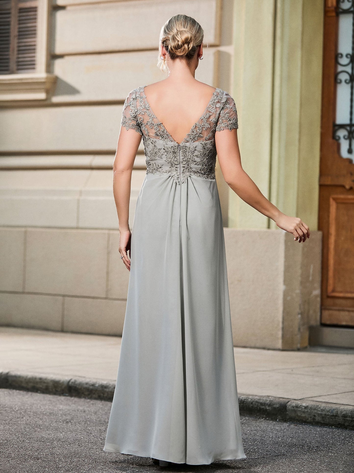 Lace Short Sleeve Empire Floor-length Maxi Dress Silver