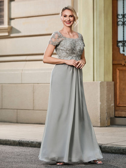 Lace Short Sleeve Empire Floor-length Maxi Dress Silver