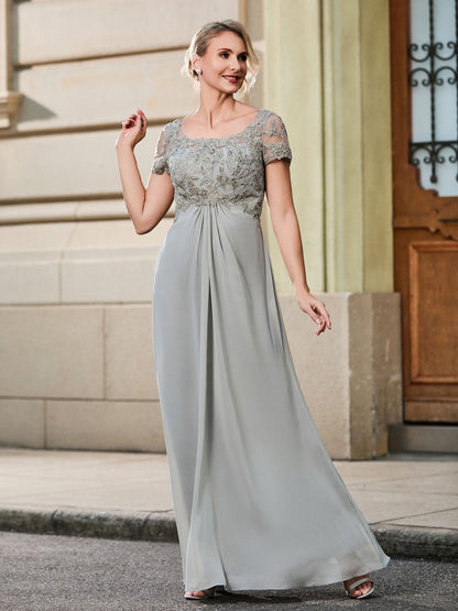 Lace Short Sleeve Empire Floor-length Maxi Dress Silver