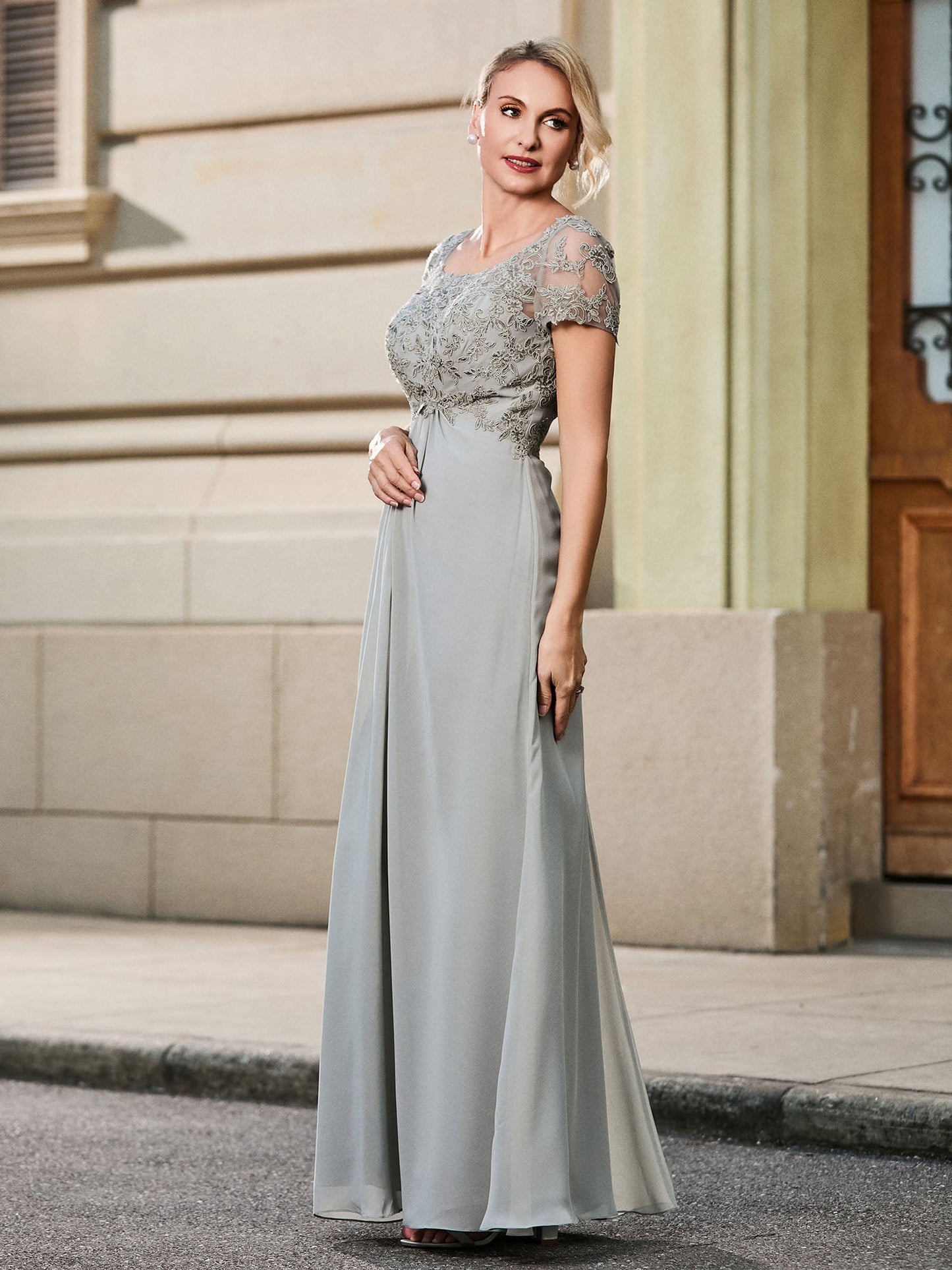 Lace Short Sleeve Empire Floor-length Maxi Dress Silver