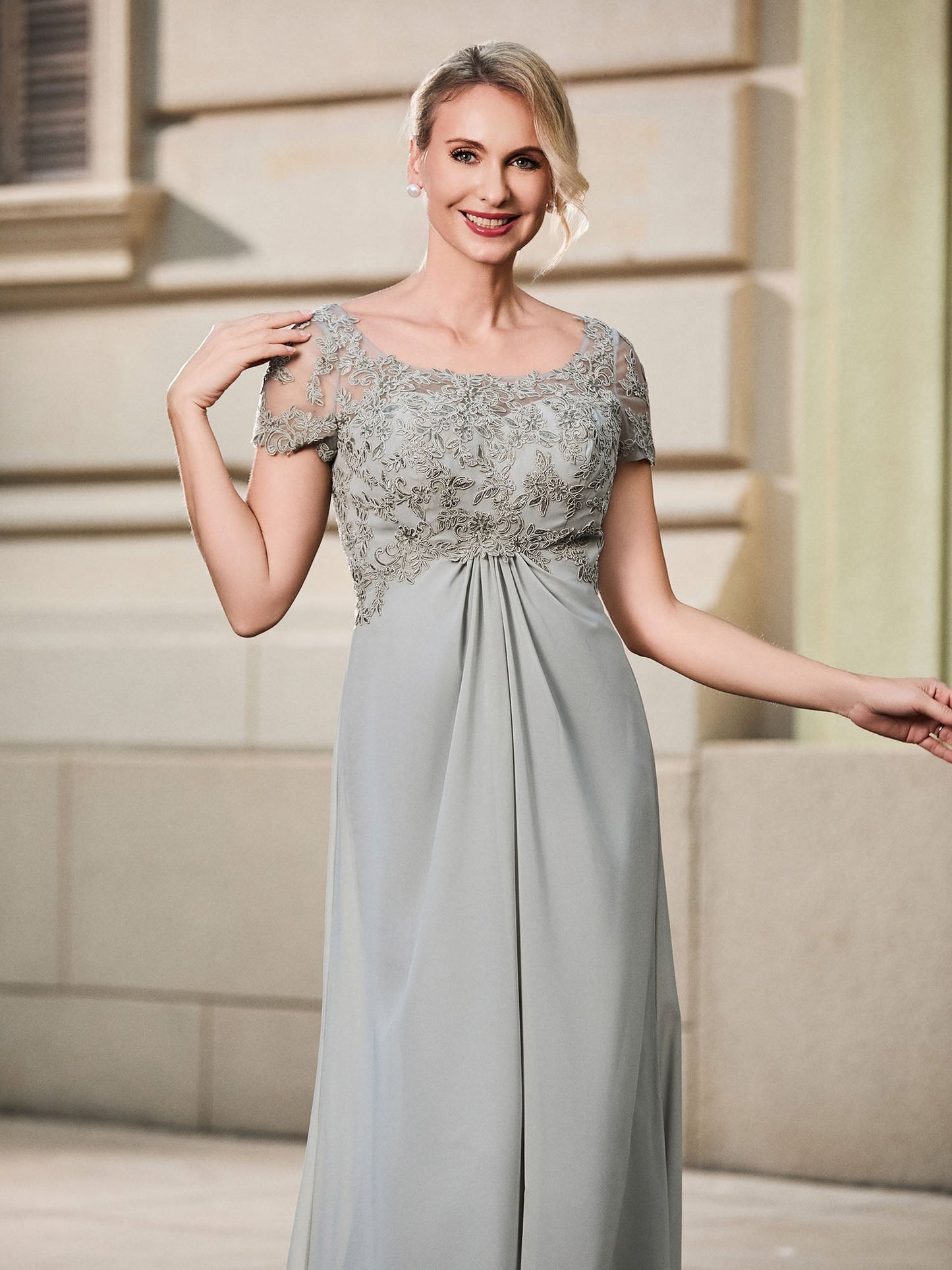 Lace Short Sleeve Empire Floor-length Maxi Dress Silver