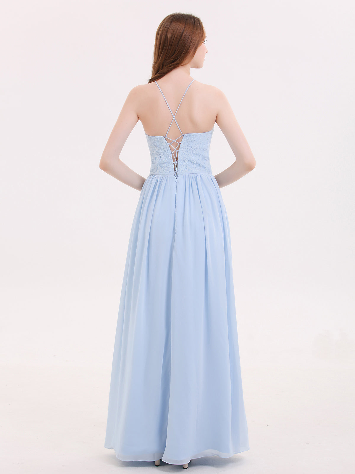 Illusion Neck Lace and Chiffon Maxi Gowns-Sky Blue