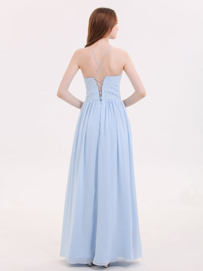 Illusion Neck Lace and Chiffon Maxi Gowns-Sky Blue