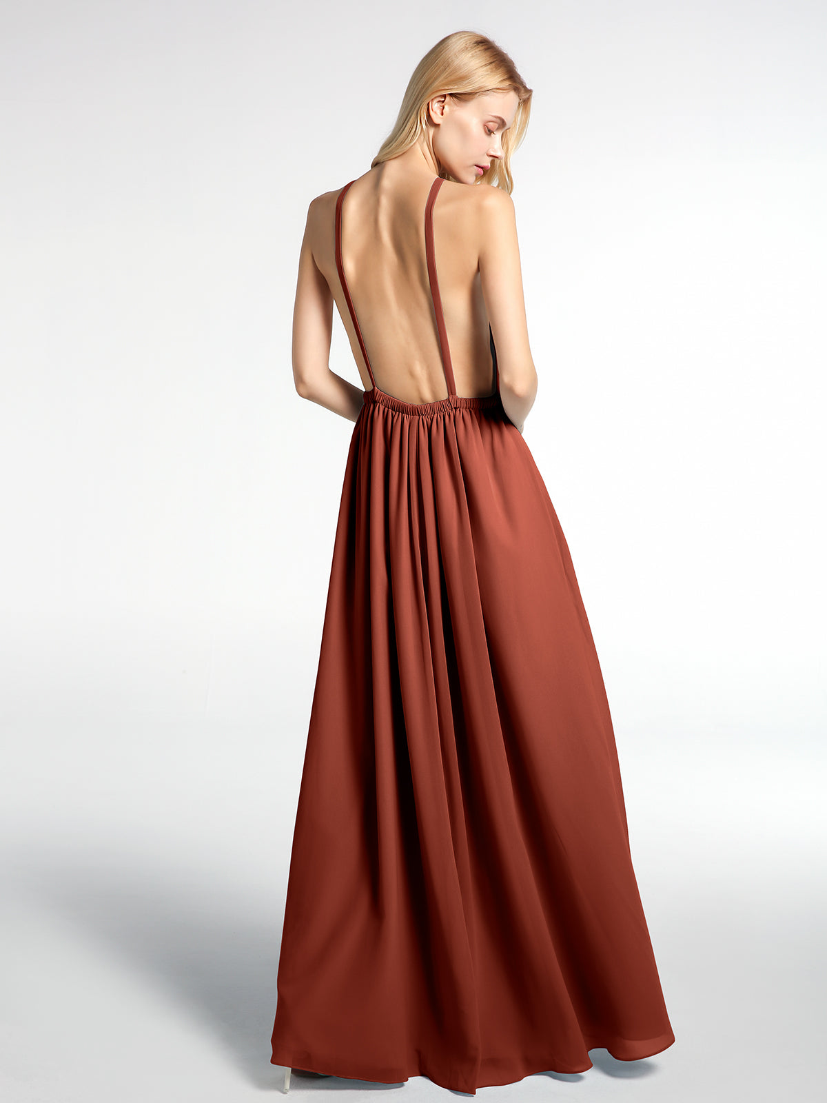 Halter Neck Low Back Chiffon Maxi Sexy Dress-Rust