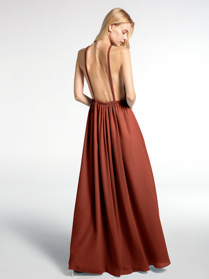 Halter Neck Low Back Chiffon Maxi Sexy Dress-Rust