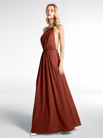 Halter Neck Low Back Chiffon Maxi Sexy Dress-Rust