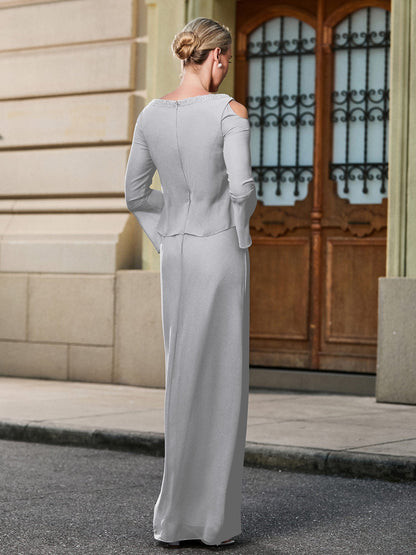 V-neck Long Sleeve Faux Two-piece Chiffon Gown Silver