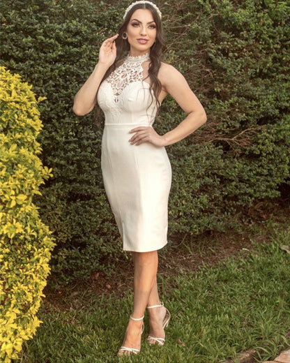 Retro Knee Length Wedding Satin Dress Lace Halter
