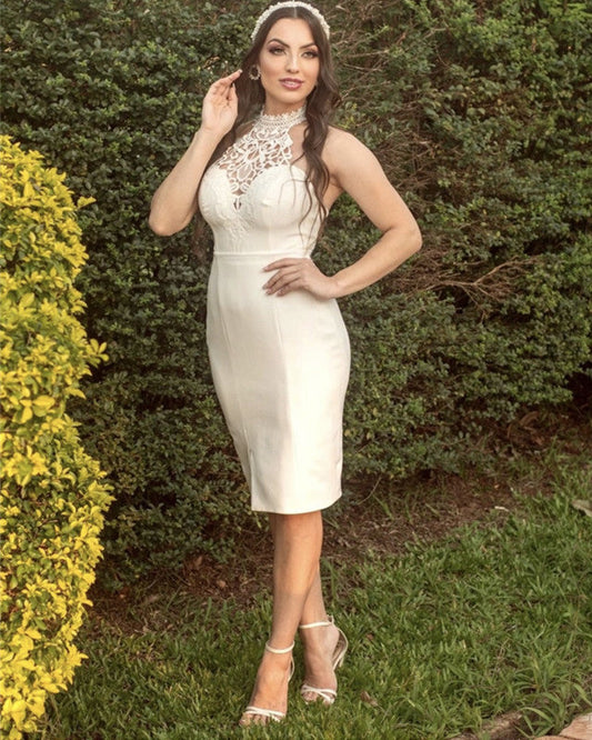 Retro Knee Length Wedding Satin Dress Lace Halter