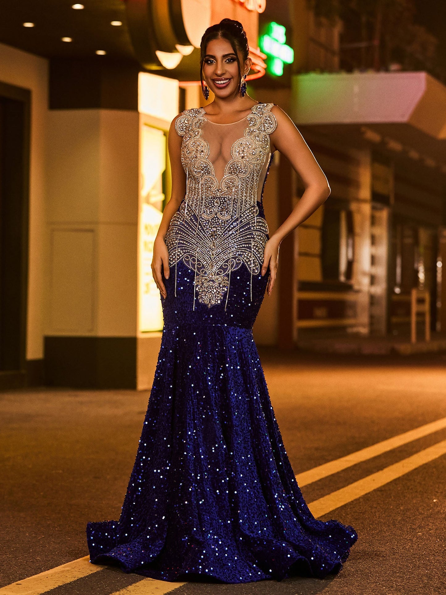 Illusion Mesh Rhinestones Sequins Mermaid Dress Royal Blue