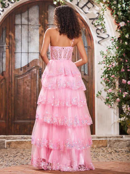 A Line One Shoulder Sequined Tiered Dress Blushing Pink