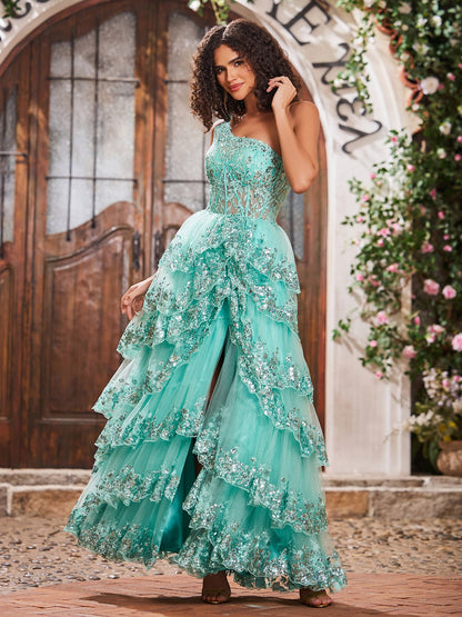 A Line One Shoulder Sequined Tiered Dress Mint Green