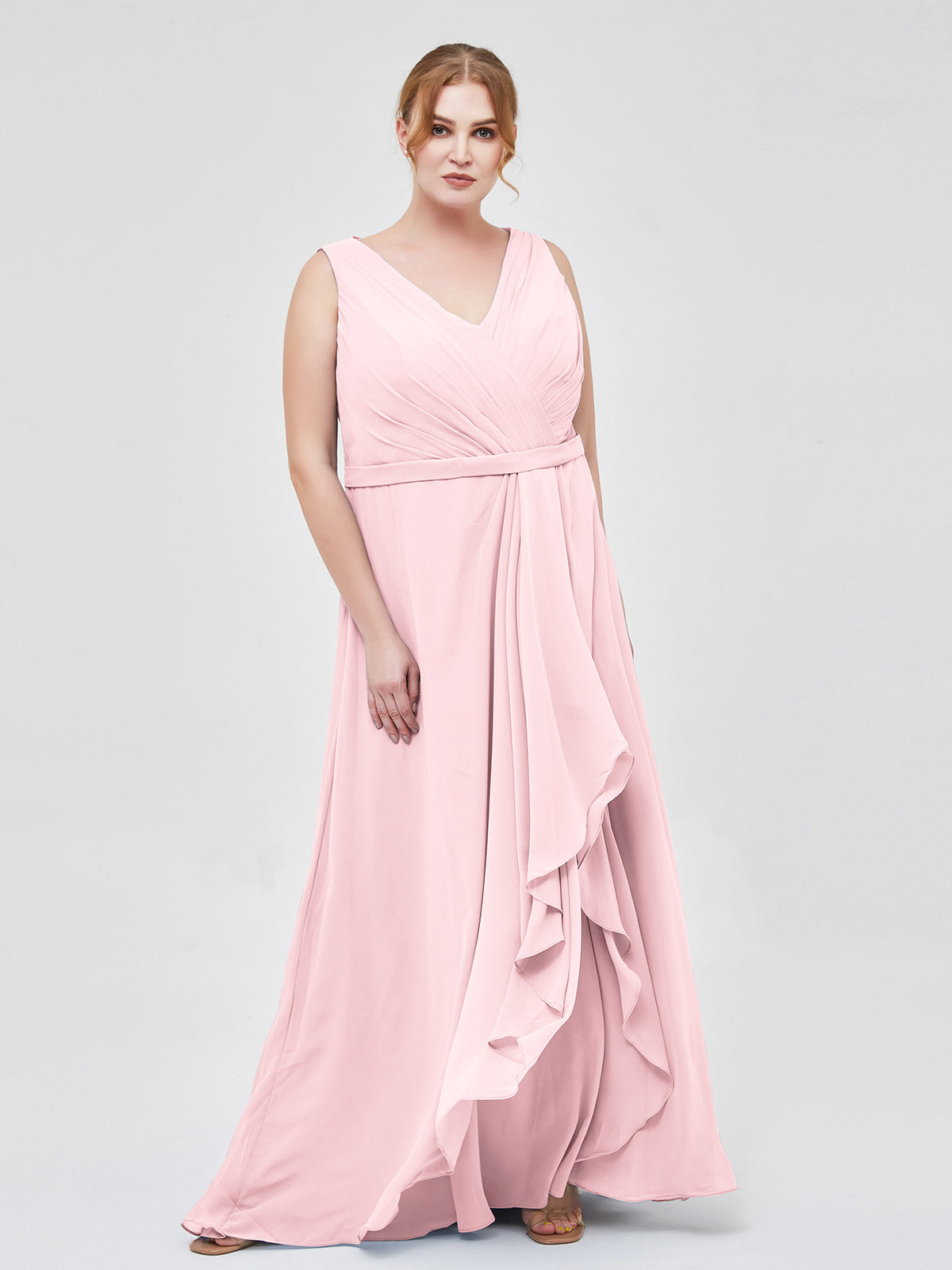 V-neck Chiffon Bridesmaid Gown with Cascade Skirt Blushing Pink Plus Size