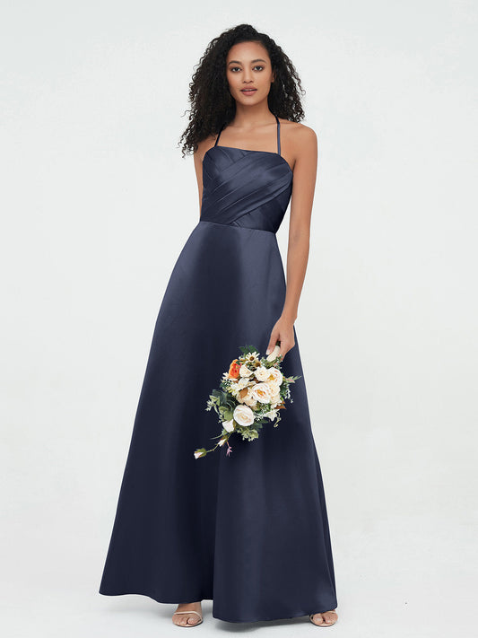 Spaghetti Straps Pleated Bodice Satin Gowns-Dark Navy