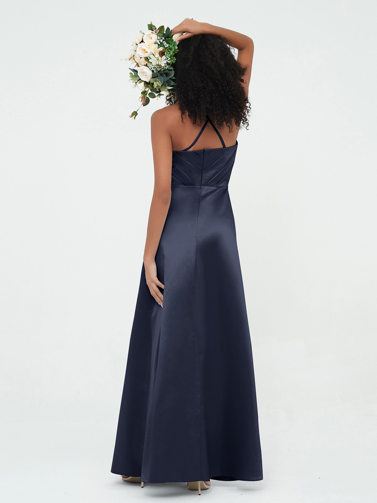 Spaghetti Straps Pleated Bodice Satin Gowns-Dark Navy