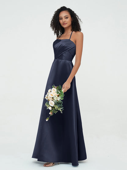 Spaghetti Straps Pleated Bodice Satin Gowns-Dark Navy