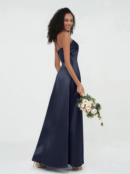 Spaghetti Straps Pleated Bodice Satin Gowns-Dark Navy