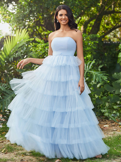 Strapless A-Line Long Tiered Prom Dress Sky Blue