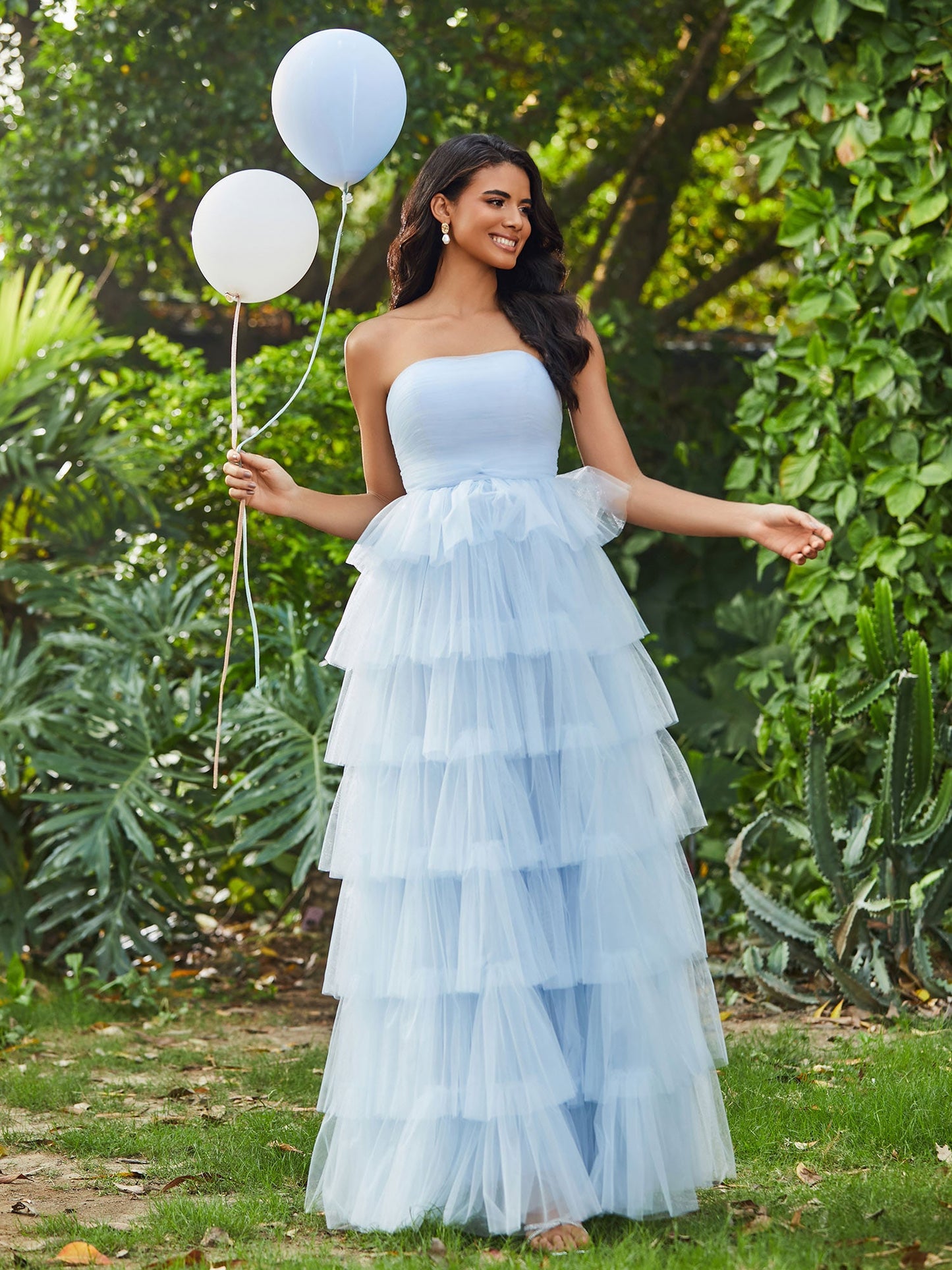 Strapless A-Line Long Tiered Prom Dress Sky Blue