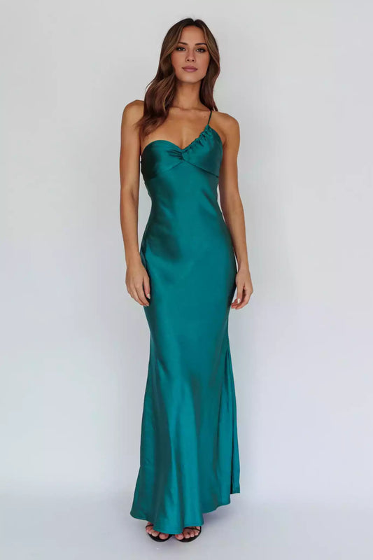 Romantic satin unlined single shoulder style with adjustable shoulder straps and zippered back Prom Dresses