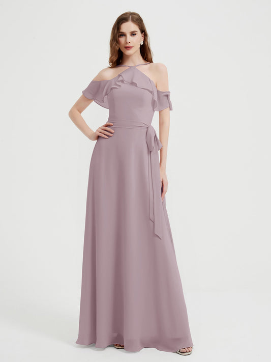 Y-neck Flutter Sleeves Long Bridesmaid Dresses Dusk Plus Size