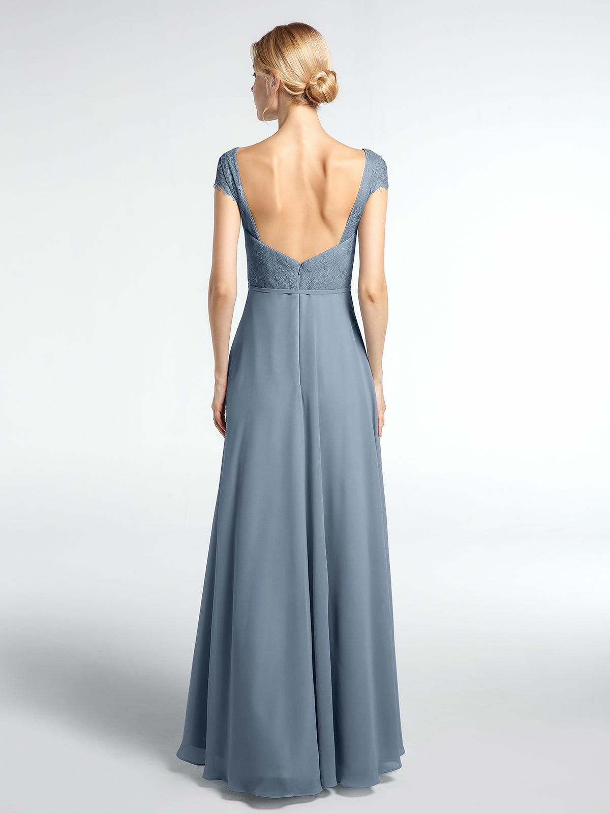 Lace Bodice Chiffon Skirt Dress with Cap Sleeves-Dusty Blue