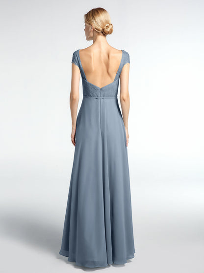 Lace Bodice Chiffon Skirt Dress with Cap Sleeves-Dusty Blue