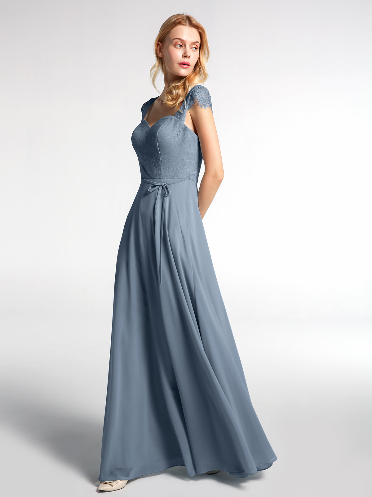 Lace Bodice Chiffon Skirt Dress with Cap Sleeves-Dusty Blue
