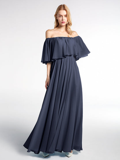Off the Shoulder Ruffles Chiffon Maxi Dress-Dark Navy