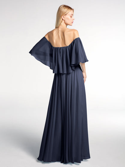 Off the Shoulder Ruffles Chiffon Maxi Dress-Dark Navy