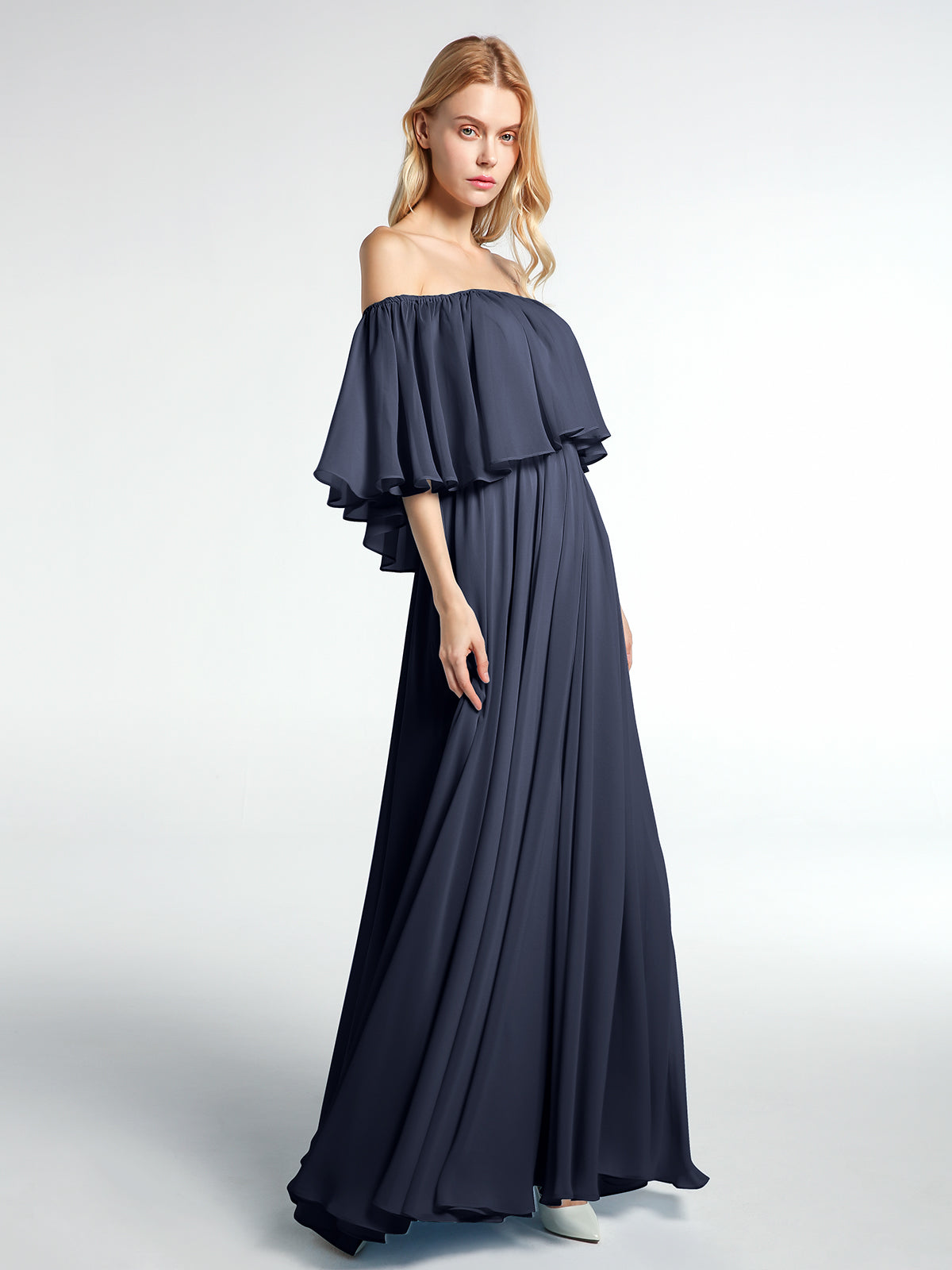 Off the Shoulder Ruffles Chiffon Maxi Dress-Dark Navy