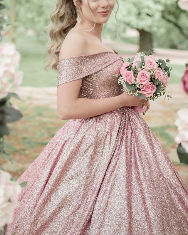Rose Gold Wedding Dress Princess Sequins Ball Gown Off Shoulder
