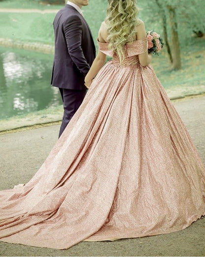 Rose Gold Wedding Dress Princess Sequins Ball Gown Off Shoulder