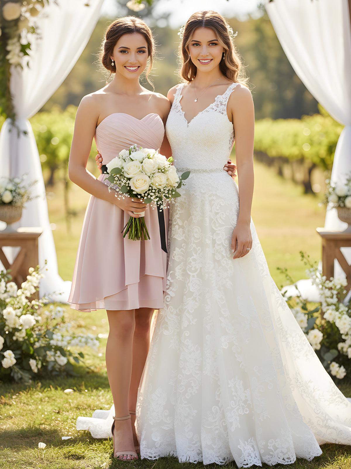 Sweetheart Neck Short Dress with Black Sash-Dusty Rose
