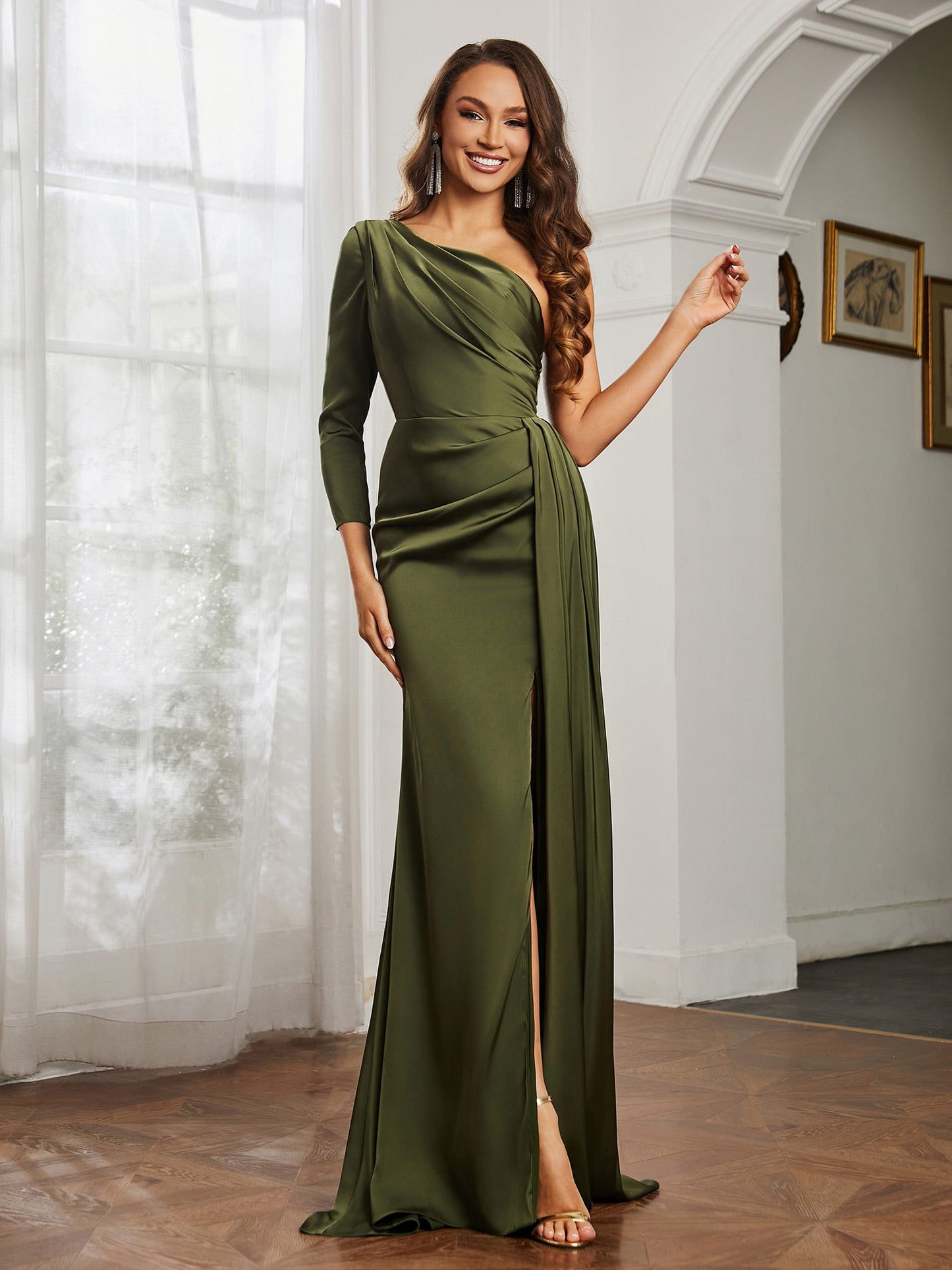 Sheath/Column One Shoulder Satin Prom Dress Olive Green