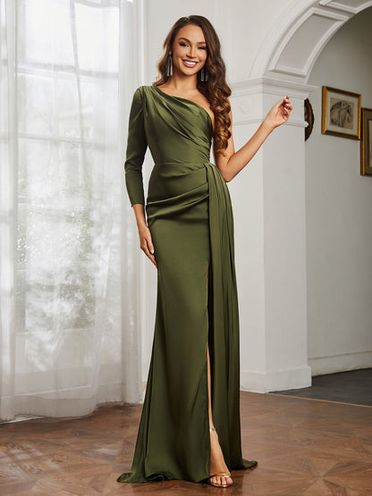 Sheath/Column One Shoulder Satin Prom Dress Olive Green